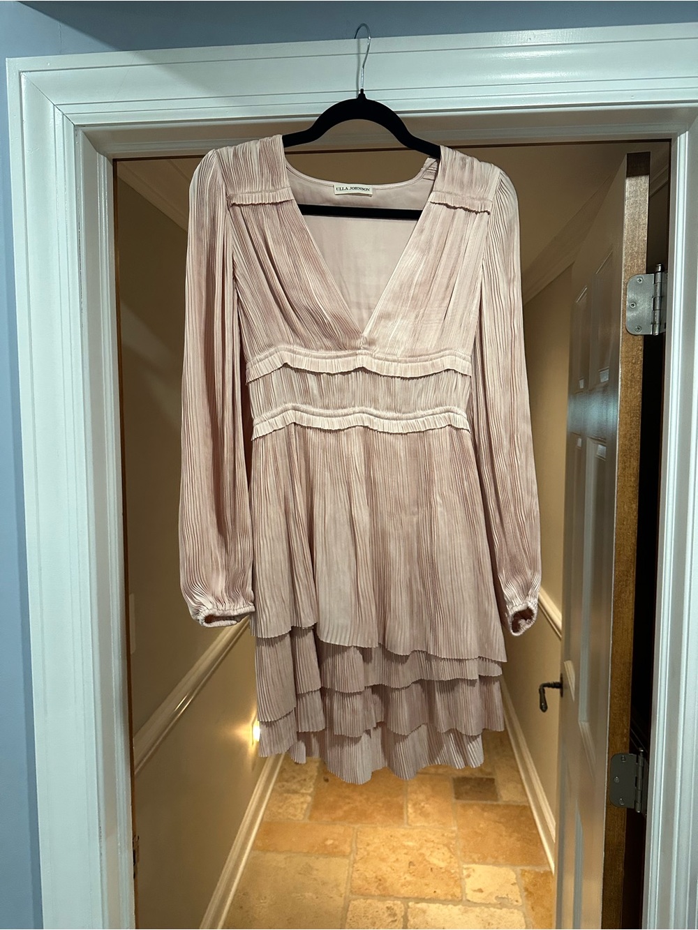 Ulla Johnson Pleated Long-Sleeve Tiered Dress in Blush Pink